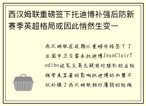 西汉姆联重磅签下托迪博补强后防新赛季英超格局或因此悄然生变一